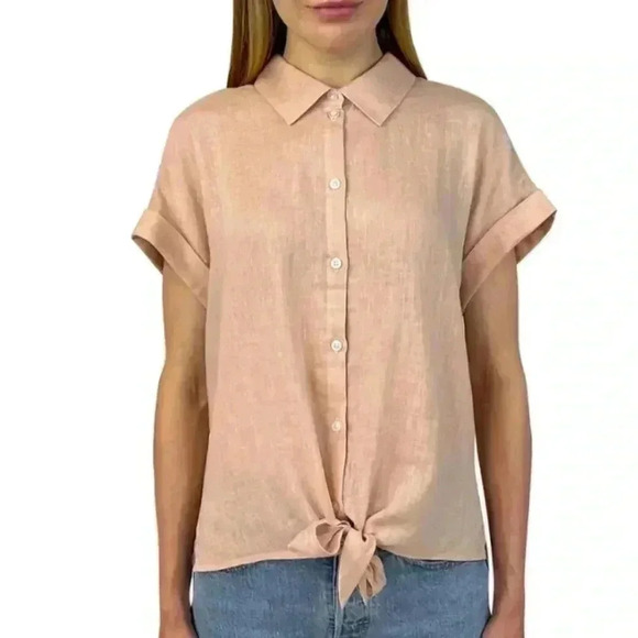 NWT Jachs Girlfriend Short Sleeved Linen Blend Blouse Small Pink Lightweight Top - Picture 11 of 14